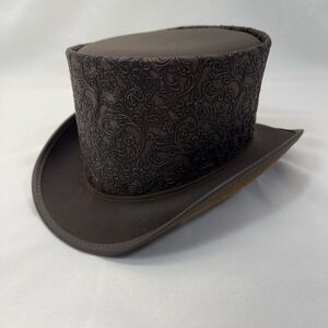 Head'n Home American Hat Makers Gent Steampunk Brown‎ Embossed Leather Top Hat S